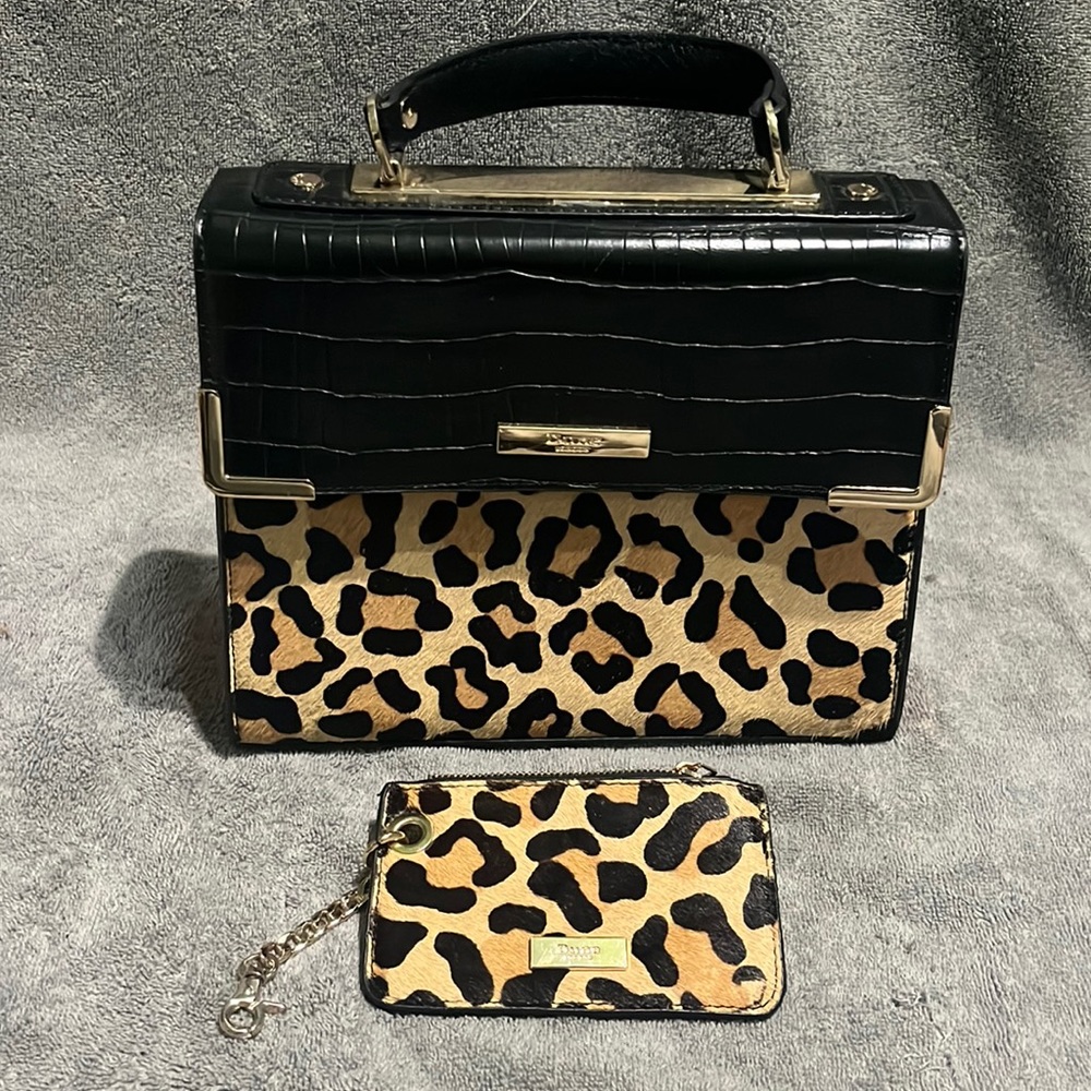 Dune London Womens Leopard Leather Hand Bag Box Purse w/ Matching Wallet